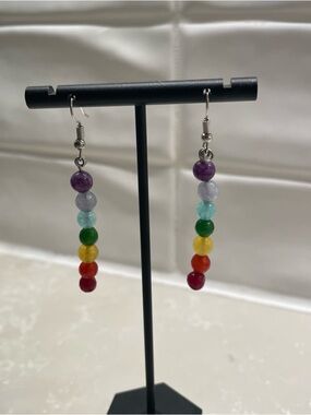 Rainbow Beaded Dangle Earrings - Multicolor Gemstone Beads